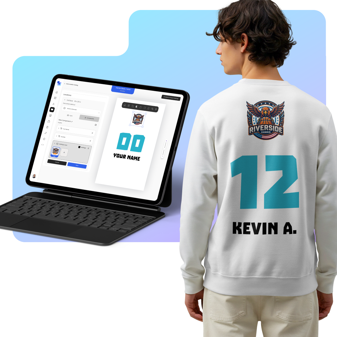 Brikl personalization — tablet showing the editor next to a custom jersey with player name and number